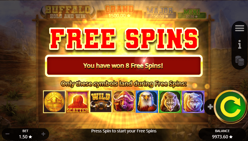 Free spins round for Buffalo Hold and Win bonus